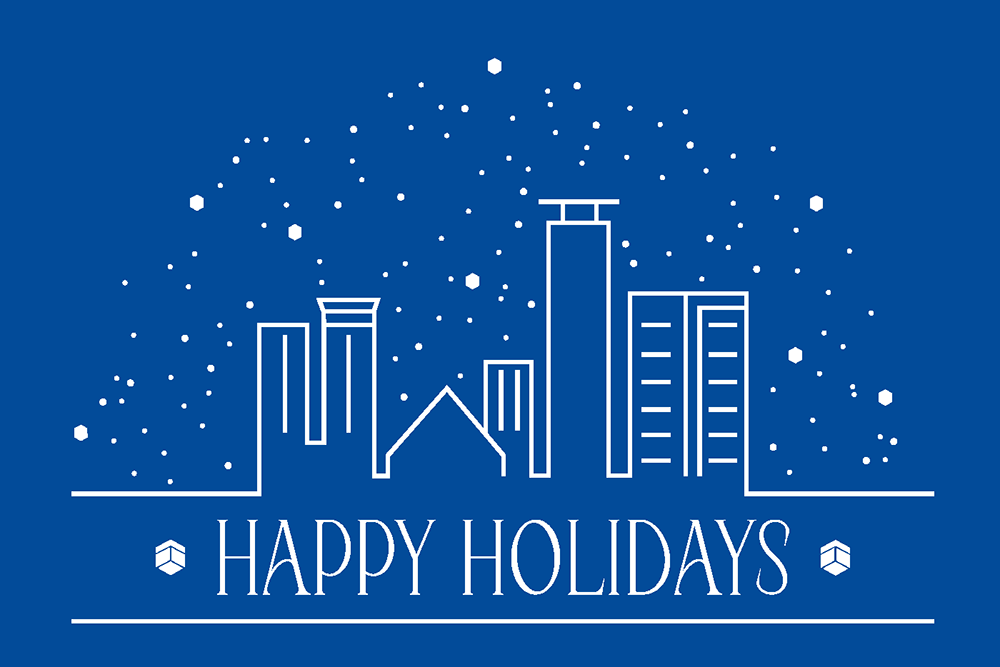 graphic with blue background and white outline of cityscape, snowflakes and words "Happy Holidays"